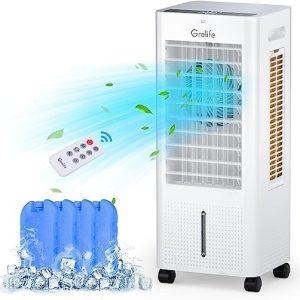 Grelife Evaporative Air Cooler, 3-IN-1 Portable Air Cooler with Fan &Humidifier, Oscillation Swamp Cooler with 3 Wind Speeds, 3 Modes, 4 Ice Packs, 12H Timer, Remote, for Bedroom Office Home Garage