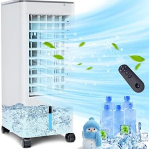 Portable Air Conditioner 3-IN-1 Evaporative Air Cooler, Adjustable Normal/Sleep/Cool Modes, 3 Speeds, 20Ft Remote Control & LED Panel, 12 Hour Timer, 100 Degree Oscillation, 5 Ice Packs